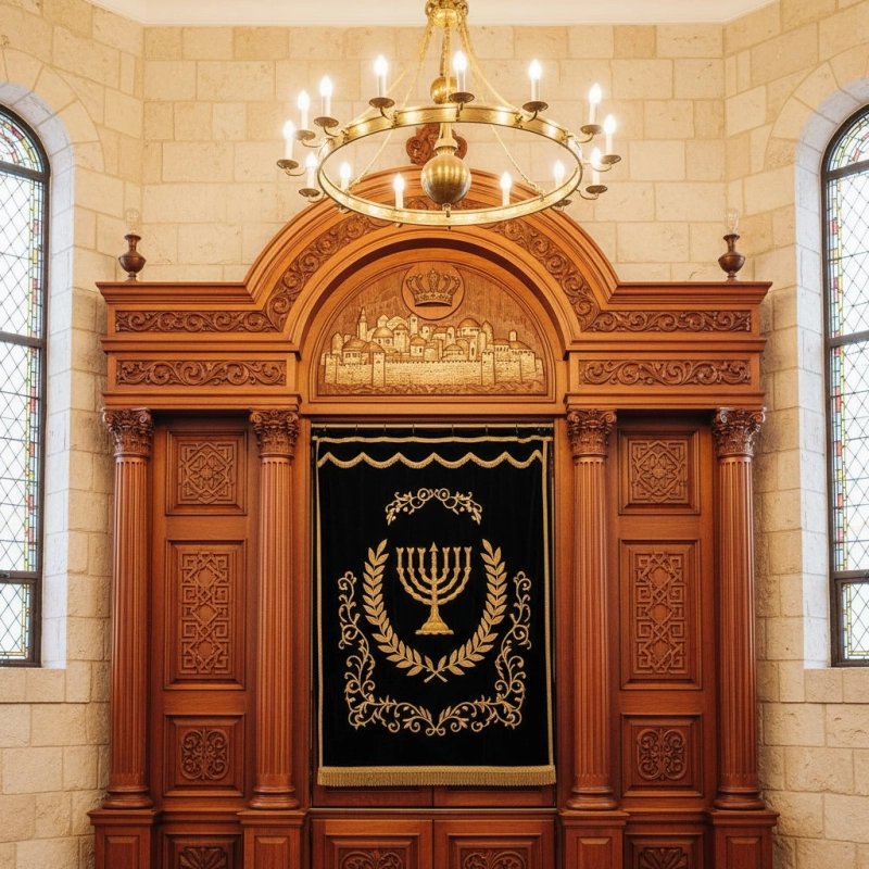 Exquisite Aron Kodesh: Premium handcrafted solid wood Holy Ark for synagogues by expert furniture manufacturer. Exquisite Aron Kodesh: Premium handcrafted solid wood Holy Ark for synagogues by expert furniture manufacturer.