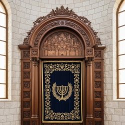 Ornate Hand-Carved Aron Kodesh with Blue Parochet - Premium Synagogue Furniture Manufacturer