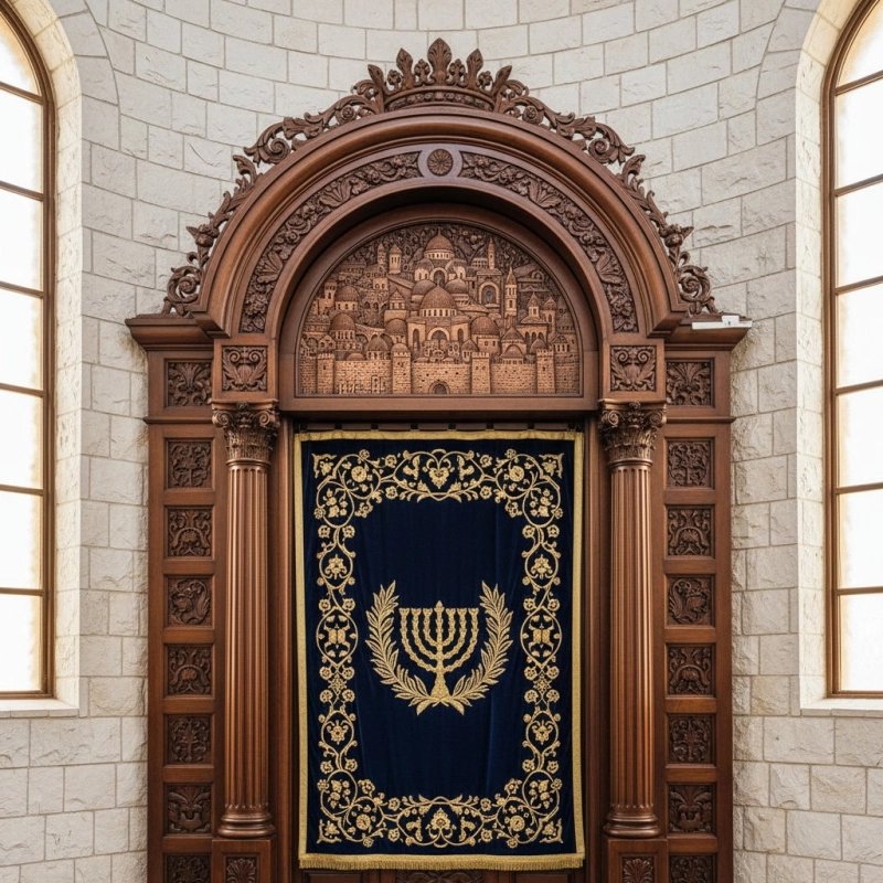 Ornate Hand-Carved Aron Kodesh with Blue Parochet - Premium Synagogue Furniture Manufacturer Ornate Hand-Carved Aron Kodesh with Blue Parochet - Premium Synagogue Furniture Manufacturer