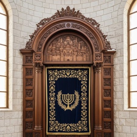 Ornate Hand-Carved Aron Kodesh with Blue Parochet - Premium Synagogue Furniture Manufacturer