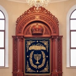 Grand Hand-Carved Aron Kodesh with Blue Velvet Curtain, a Masterpiece of Synagogue Furniture Manufacturing.