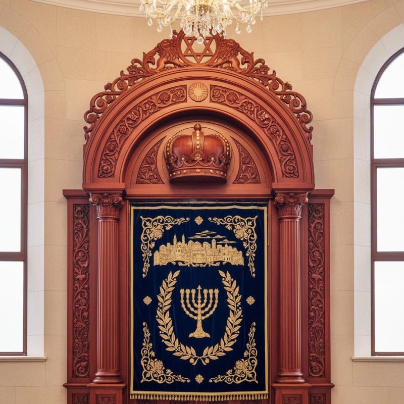 Grand Hand-Carved Aron Kodesh with Blue Velvet Curtain, a Masterpiece of Synagogue Furniture Manufacturing. Grand Hand-Carved Aron Kodesh with Blue Velvet Curtain, a Masterpiece of Synagogue Furniture Manufacturing.