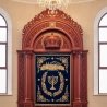 Grand Hand-Carved Aron Kodesh with Blue Velvet Curtain, a Masterpiece of Synagogue Furniture Manufacturing.