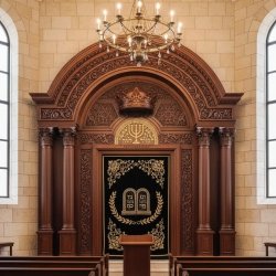Hand-carved solid wood Aron Kodesh, a traditional and exquisite Holy Ark, showcasing premium manufacturing for synagogues.