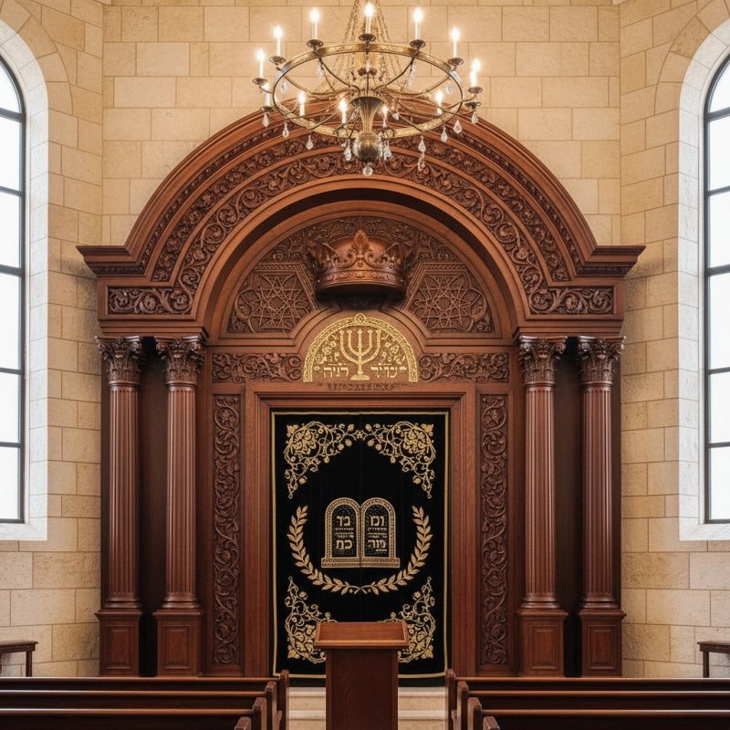 Hand-carved solid wood Aron Kodesh, a traditional and exquisite Holy Ark, showcasing premium manufacturing for synagogues. Hand-carved solid wood Aron Kodesh, a traditional and exquisite Holy Ark, showcasing premium manufacturing for synagogues.