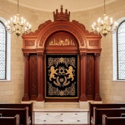 Exquisite hand-carved Aron Kodesh, a hallmark of premier synagogue furniture craftsmanship.