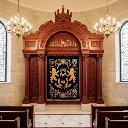 Exquisite hand-carved Aron Kodesh, a hallmark of premier synagogue furniture craftsmanship.