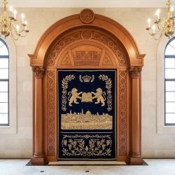 Aron Kodesh: Hand-carved solid wood and embroidered velvet, a symbol of master furniture manufacturing and spiritual devotion.