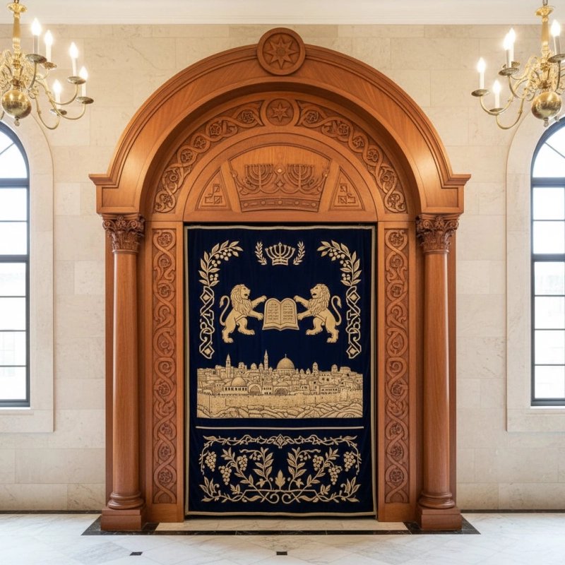 Aron Kodesh: Hand-carved solid wood and embroidered velvet, a symbol of master furniture manufacturing and spiritual devotion.