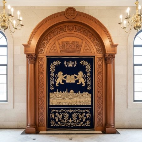 Aron Kodesh: Hand-carved solid wood and embroidered velvet, a symbol of master furniture manufacturing and spiritual devotion.