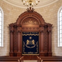 Exquisite Aron Kodesh: Hand-Carved Hardwood with Gold Accents & Embroidered Velvet. Premier Synagogue Furniture.