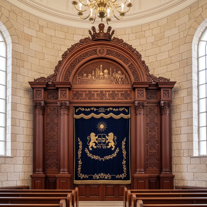 Exquisite Aron Kodesh: Hand-Carved Hardwood with Gold Accents & Embroidered Velvet. Premier Synagogue Furniture.