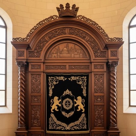 Premium handcrafted Aron Kodesh showcasing exquisite solid hardwood carving and sacred design for synagogues.