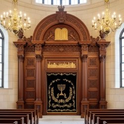 Magnificent Aron Kodesh with handcrafted solid wood and rich gold-embroidered velvet doors, perfect for any synagogue.
