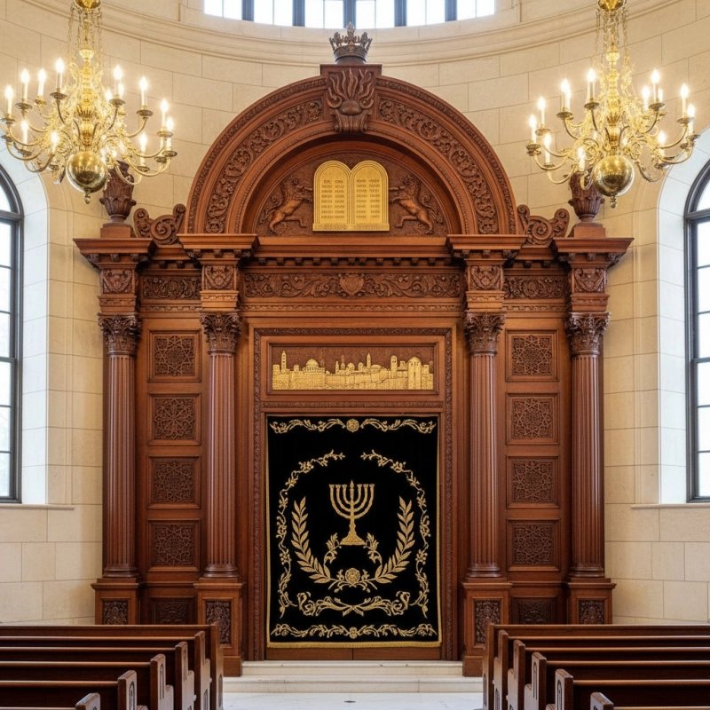 Magnificent Aron Kodesh with handcrafted solid wood and rich gold-embroidered velvet doors, perfect for any synagogue.