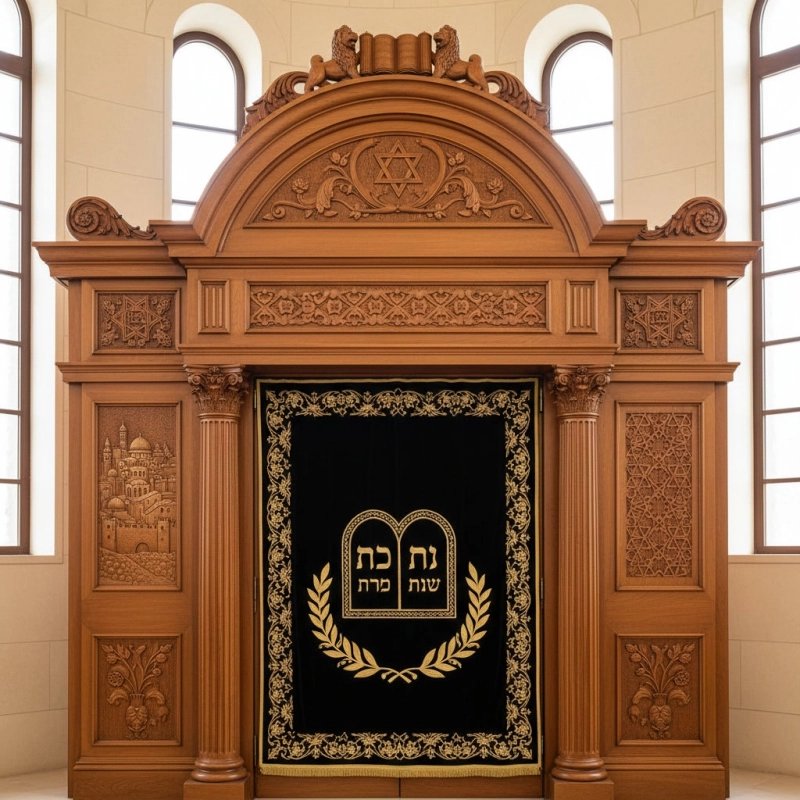 Stunning hand-carved solid wood Aron Kodesh, a masterpiece of synagogue furniture manufacturing and design.