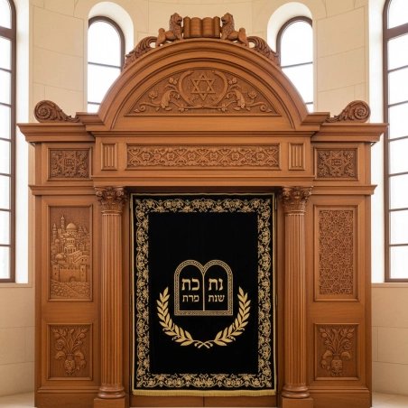 Stunning hand-carved solid wood Aron Kodesh, a masterpiece of synagogue furniture manufacturing and design.