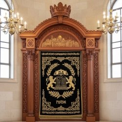 Magnificent hand-carved Aron Kodesh, a testament to premium synagogue furniture manufacturing and timeless design.