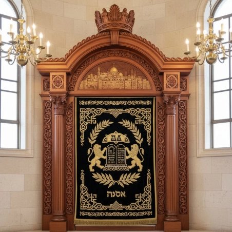 Magnificent hand-carved Aron Kodesh, a testament to premium synagogue furniture manufacturing and timeless design.