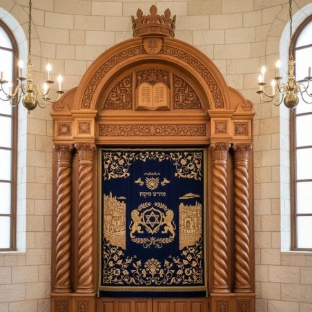 Premium Hand-Carved Wooden Aron Kodesh - Synagogue Holy Ark with Jerusalem Carving & Embroidered Parochet.