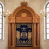 Premium Hand-Carved Wooden Aron Kodesh - Synagogue Holy Ark with Jerusalem Carving & Embroidered Parochet.