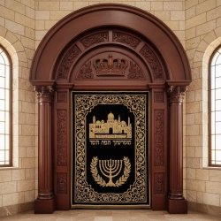 Masterfully crafted Aron Kodesh, a testament to traditional synagogue furniture artistry and manufacturing excellence.