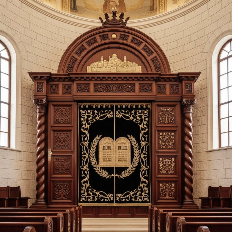 Hand-carved solid wood Aron Kodesh with deep blue velvet curtain, premium synagogue furniture for sacred spaces.