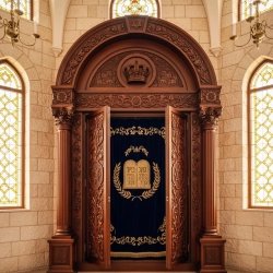 Exquisite handcrafted Aron Kodesh, premium solid wood synagogue furniture with detailed velvet and gold embroidery.