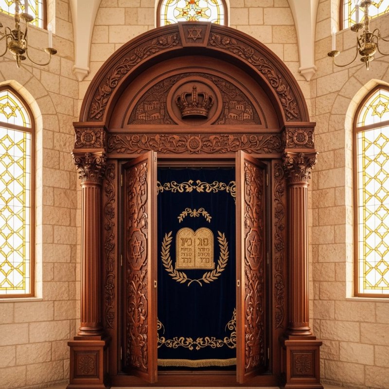 Exquisite handcrafted Aron Kodesh, premium solid wood synagogue furniture with detailed velvet and gold embroidery. Exquisite handcrafted Aron Kodesh, premium solid wood synagogue furniture with detailed velvet and gold embroidery.