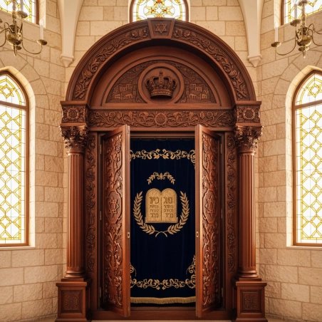 Exquisite handcrafted Aron Kodesh, premium solid wood synagogue furniture with detailed velvet and gold embroidery.