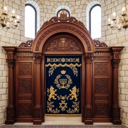 Grand Hand-Carved Aron Kodesh with Embroidered Velvet Parochet | Premium Synagogue Ark Furniture.