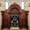 Grand Hand-Carved Aron Kodesh with Embroidered Velvet Parochet | Premium Synagogue Ark Furniture.
