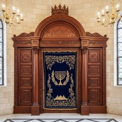 Exquisite Handcrafted Aron Kodesh: Solid Wood Synagogue Ark with Sacred Embroidery by Premier Manufacturer.