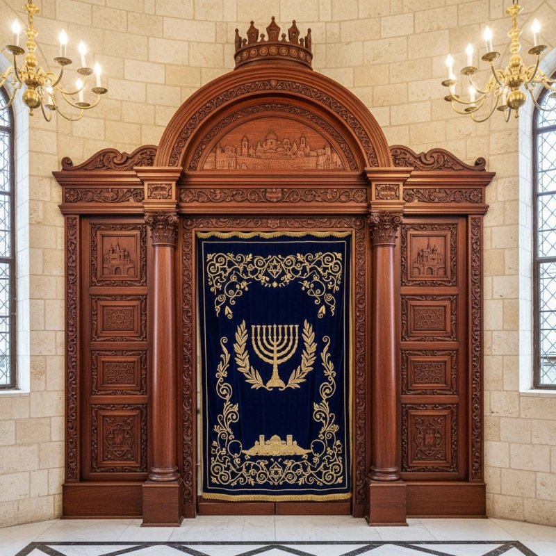Exquisite Handcrafted Aron Kodesh: Solid Wood Synagogue Ark with Sacred Embroidery by Premier Manufacturer. Exquisite Handcrafted Aron Kodesh: Solid Wood Synagogue Ark with Sacred Embroidery by Premier Manufacturer.
