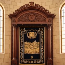 Premium Handcrafted Aron Kodesh: Majestic Solid Hardwood Ark for Synagogues, reflecting exceptional production quality.