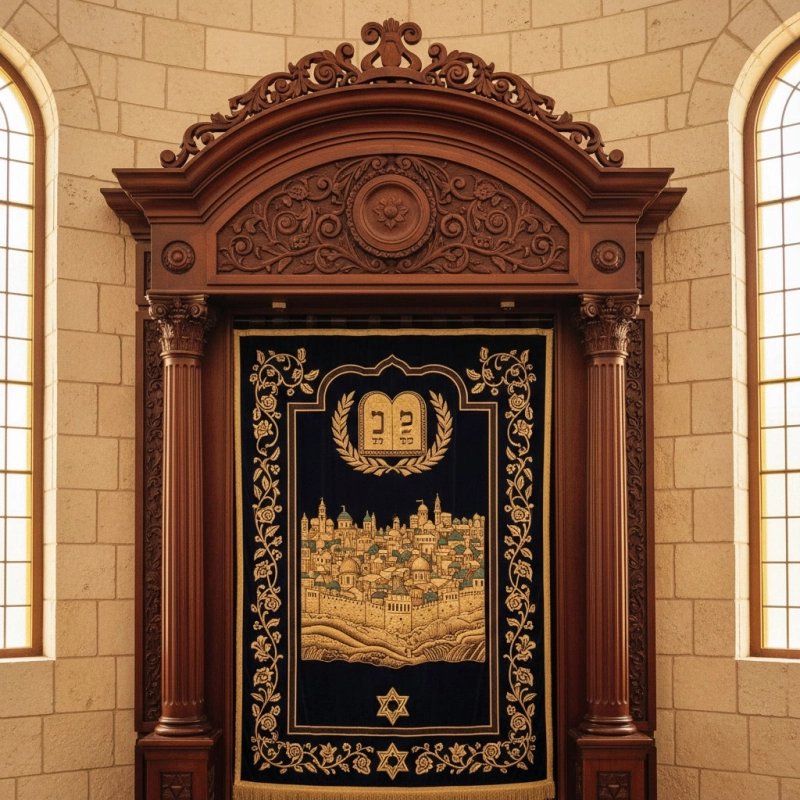 Premium Handcrafted Aron Kodesh: Majestic Solid Hardwood Ark for Synagogues, reflecting exceptional production quality.