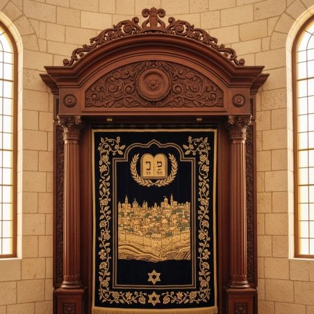 Premium Handcrafted Aron Kodesh: Majestic Solid Hardwood Ark for Synagogues, reflecting exceptional production quality.