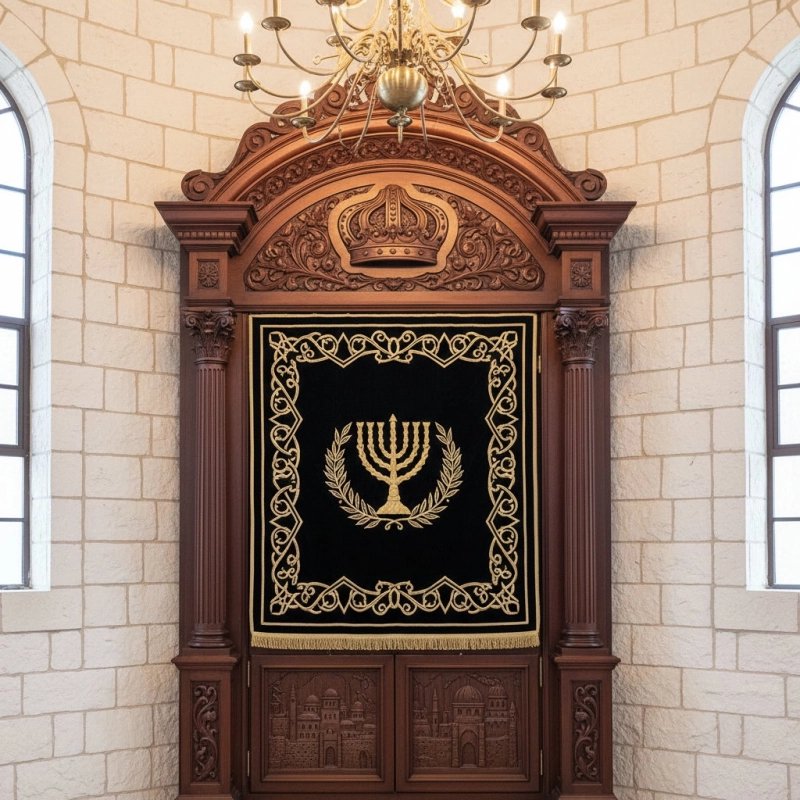 Handcrafted Aron Kodesh: Solid wood Holy Ark with embroidered velvet parochet by a leading furniture manufacturer. Handcrafted Aron Kodesh: Solid wood Holy Ark with embroidered velvet parochet by a leading furniture manufacturer.