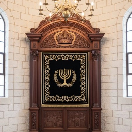Handcrafted Aron Kodesh: Solid wood Holy Ark with embroidered velvet parochet by a leading furniture manufacturer.