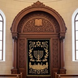 Mastercrafted Aron Kodesh: Premium dark wood, intricate carvings, and gold embroidered parochet for synagogues.