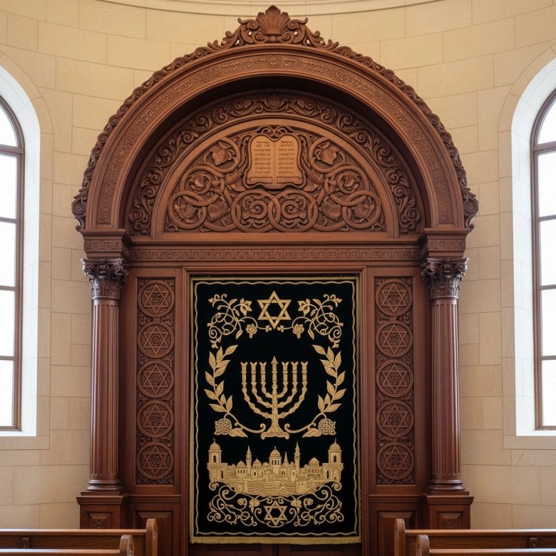 Mastercrafted Aron Kodesh: Premium dark wood, intricate carvings, and gold embroidered parochet for synagogues. Mastercrafted Aron Kodesh: Premium dark wood, intricate carvings, and gold embroidered parochet for synagogues.