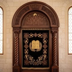 Magnificent Carved Wood Aron Kodesh: Premium Synagogue Furniture with Gold Embroidery for Sacred Spaces.