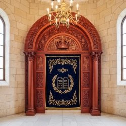 Exquisite Hand-Carved Aron Kodesh: Premium Solid Wood Synagogue Furniture, Manufacturer-Crafted for Sacred Spaces.