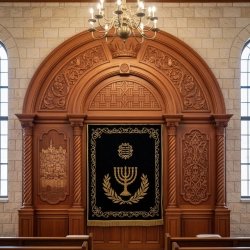 Premium Aron Kodesh: Hand-carved wood, velvet embroidery, sacred synagogue furniture, manufacturer quality.