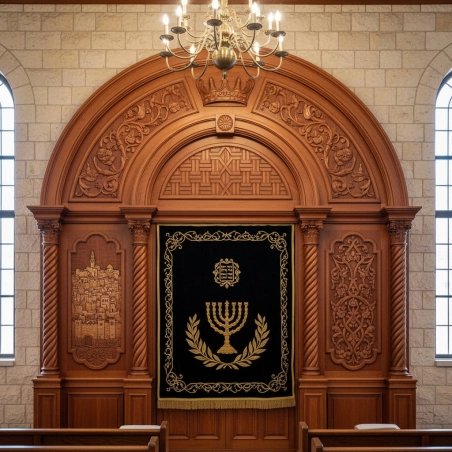 Premium Aron Kodesh: Hand-carved wood, velvet embroidery, sacred synagogue furniture, manufacturer quality.