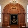 Premium Aron Kodesh: Hand-carved wood, velvet embroidery, sacred synagogue furniture, manufacturer quality.