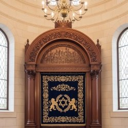 Ornate Hand-Carved Aron Kodesh with Velvet and Gold Embroidery for Synagogues.