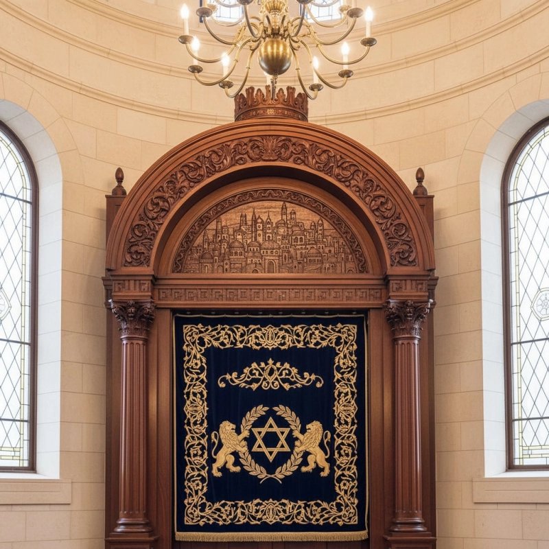 Ornate Hand-Carved Aron Kodesh with Velvet and Gold Embroidery for Synagogues. Ornate Hand-Carved Aron Kodesh with Velvet and Gold Embroidery for Synagogues.