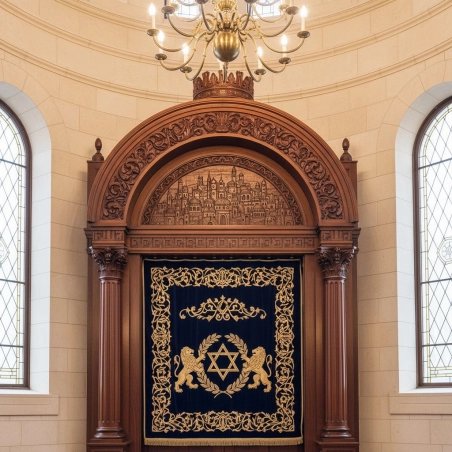 Ornate Hand-Carved Aron Kodesh with Velvet and Gold Embroidery for Synagogues.