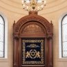 Ornate Hand-Carved Aron Kodesh with Velvet and Gold Embroidery for Synagogues.